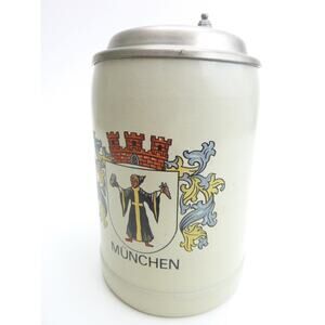 Vintage Coat of Arms Stoneware Mug Munchen Beer Stein Metal Lid Germany